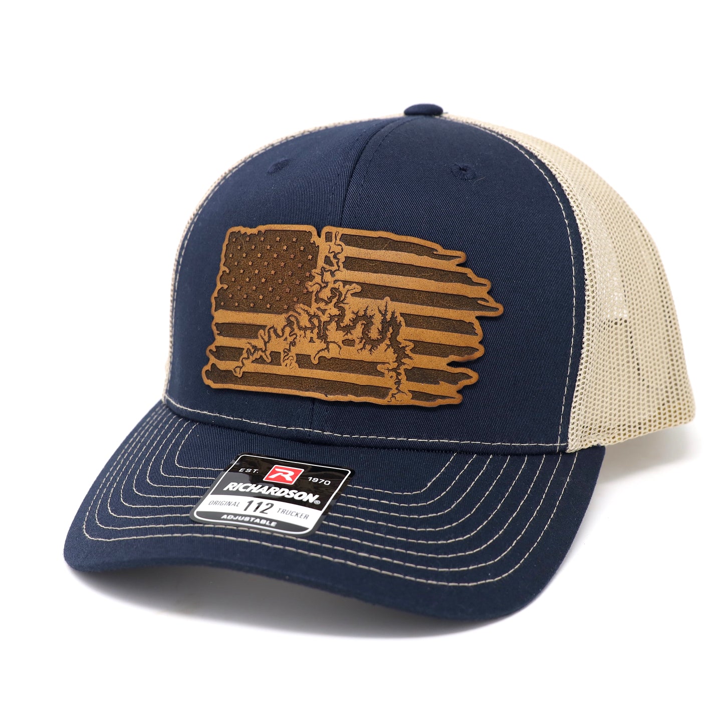 American Flag Table Rock Lake Missouri Arkansas Navy & Khaki Leather Patch Hat